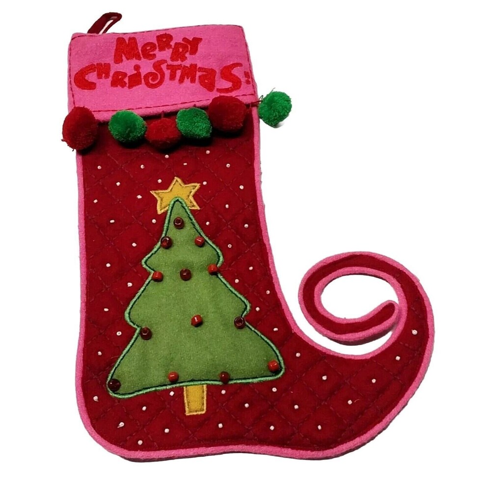 Whoville Merry Christmas Tree Stocking Felt Beads Pom Pom Quilted Pink Red Green